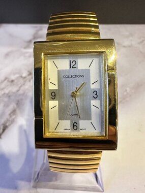 Vintage Collections Watch Women Gold Tone Rectangle Case Stretch Band 6.5"
